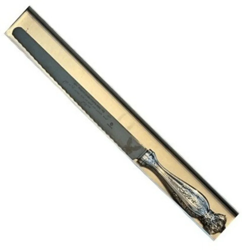 Martella Silver Challah Knife Ornate Crown Handle‎ Etched Hebrew Blade with Box